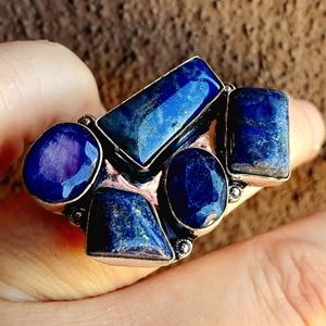 New Oversized Lapis Lazuli, Sodalite, Sapphire 925 Silver Statement Ring.